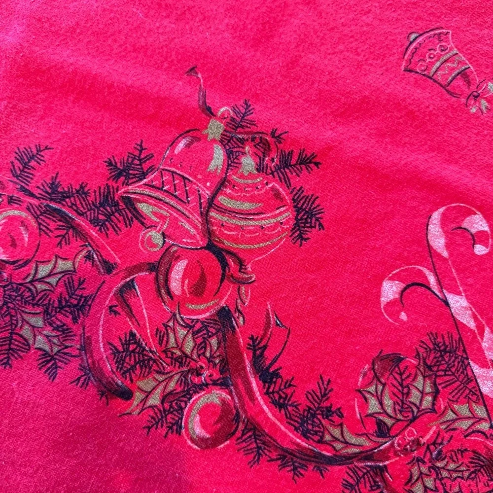 Vintage MCM Christmas Tablecloth Bright Red Santa Christmas Tree Gifts 48x60 GUC